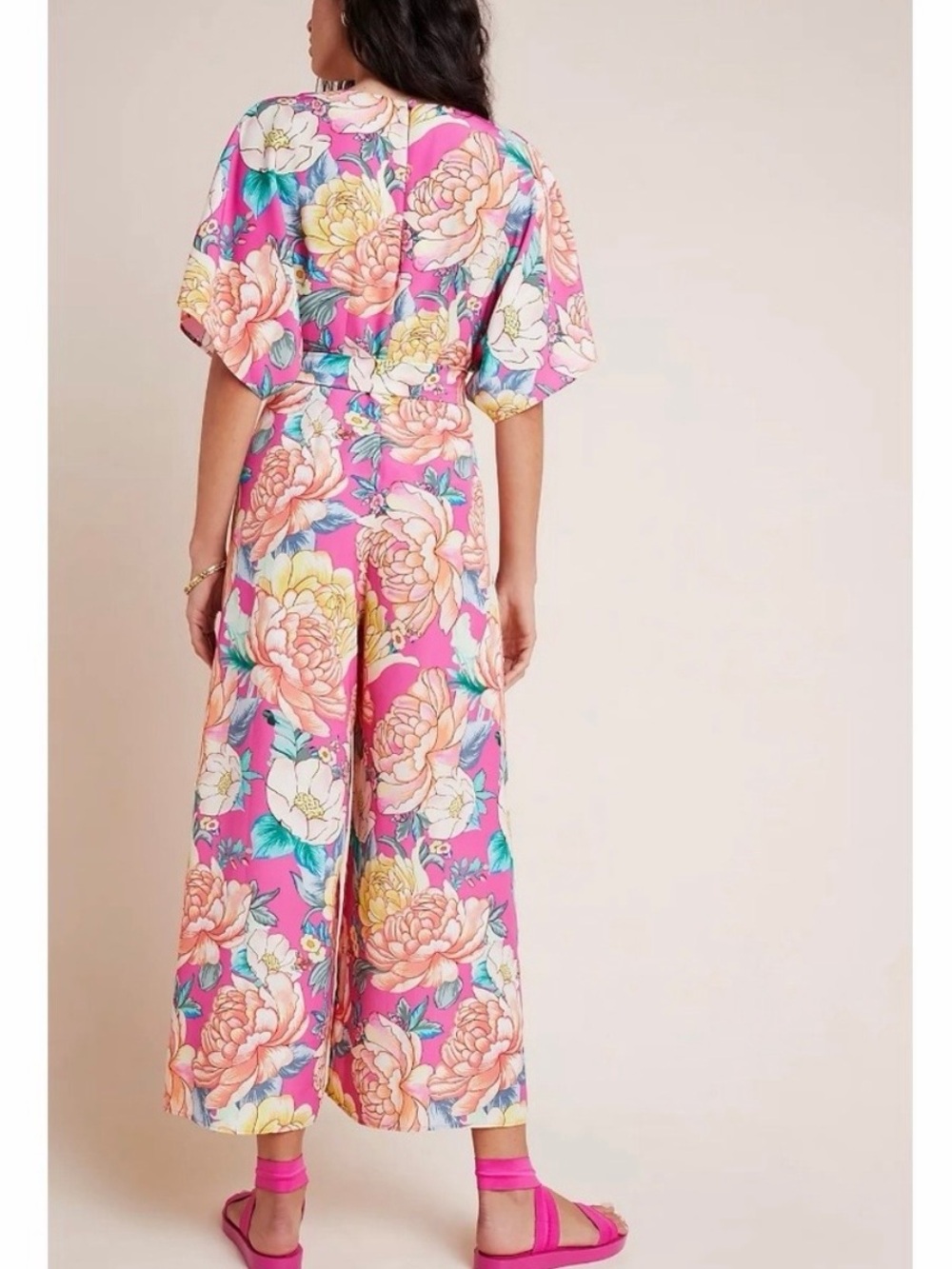 Anthropologie FARM Rio Eulalie Floral Wide Leg Jumpsuit, Peony Print, V-Neck - Picture 2 of 16